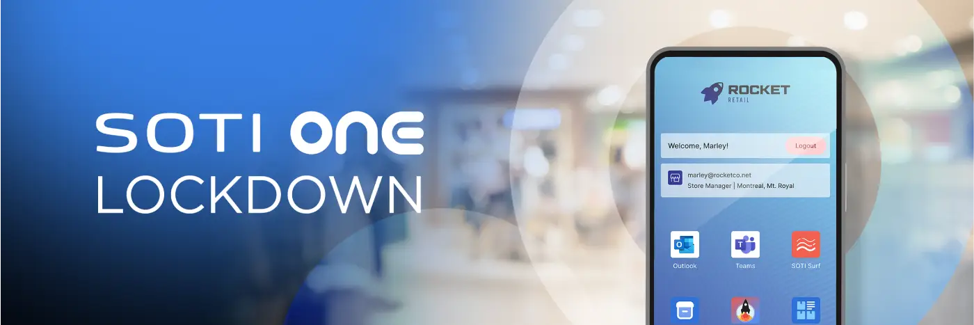 SOTI ONE Lockdown branding shown beside a smartphone displaying a customized home screen with business apps and a retail-themed interface.